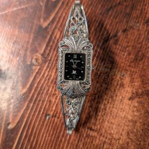 Silver Filigree Watch with Black Dial